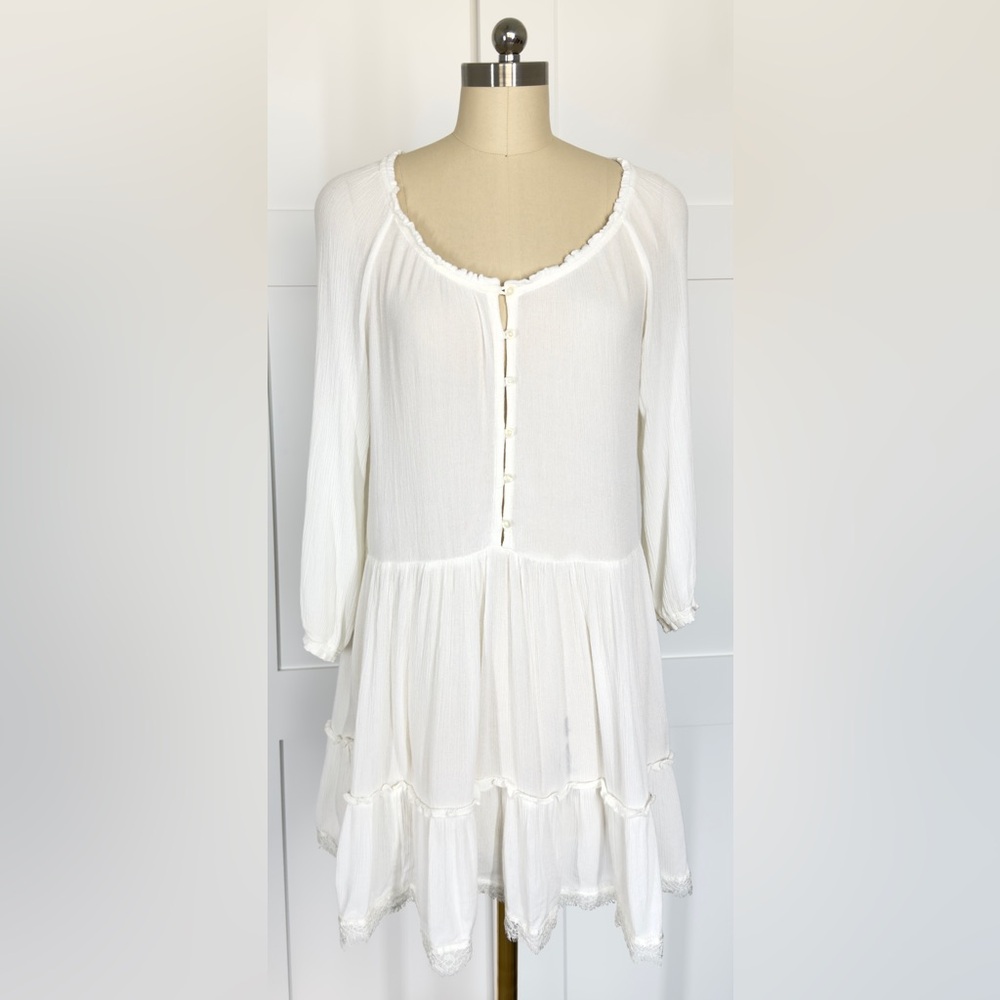 Aerie White Button-Front Ruffle-Trim Tunic